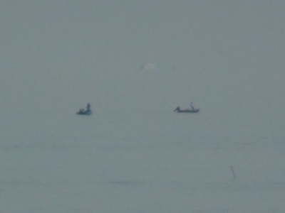 晴天微風でベタナギの琵琶湖北湖。沖のど真ん中で釣り中のボートが見えます（2月12日9時10分頃）