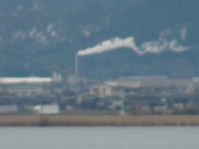山ノ下湾から眺めた琵琶湖南湖は曇天微風のベタナギですが対岸の煙突の煙が北寄りの風で真横に流れてます（2月16日10時頃）