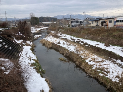 天神川は雪解け増水が落ち着いたけど河原にはまだ雪が残ってます（2月1日10時40分頃）