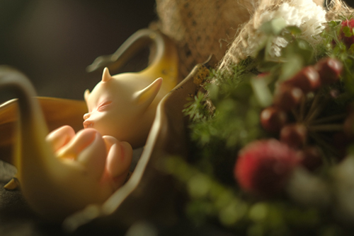 ツバキアキラが撮った、DOLLchateau・William AのRêve。そこはかとなくクリスマスを感じさせる花の傍らで眠る、異形の子。