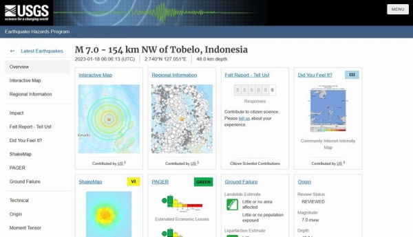 【USGS】インドネシア付近で「M7.0」の地震が発生