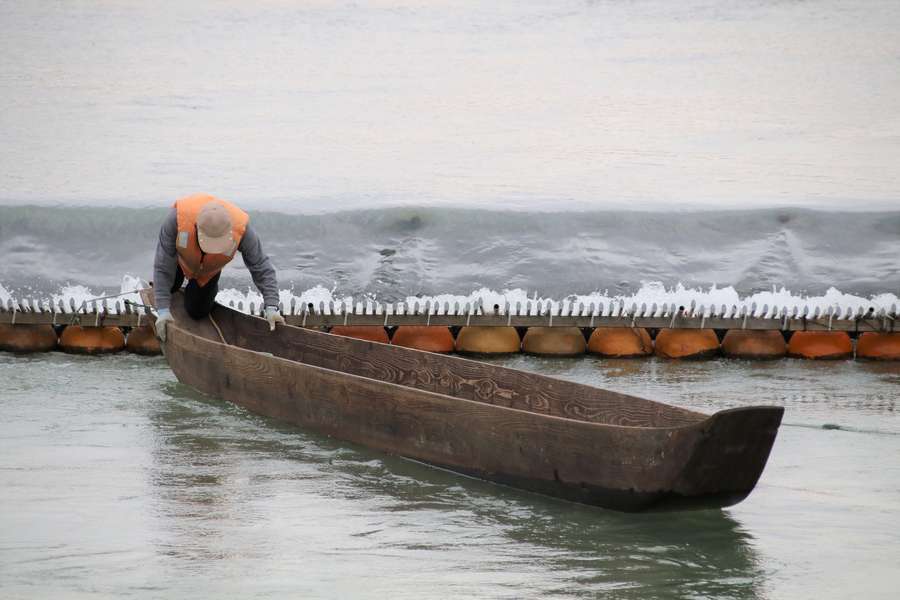 ウライ前に小回し舟をつける漁師