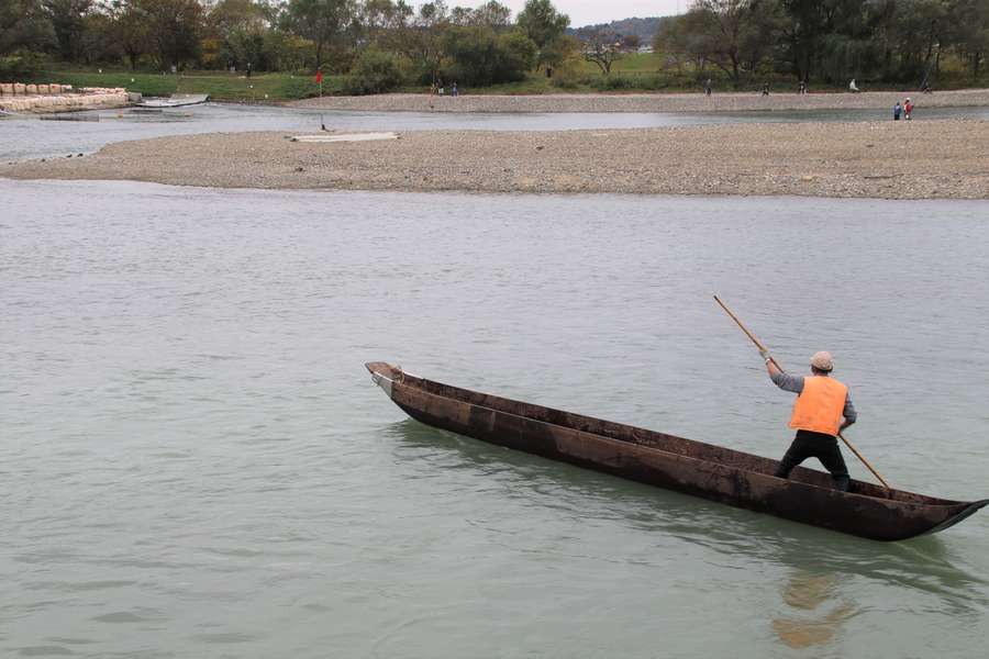 小回し舟を漕いで陸地へと向かう三面川の漁師